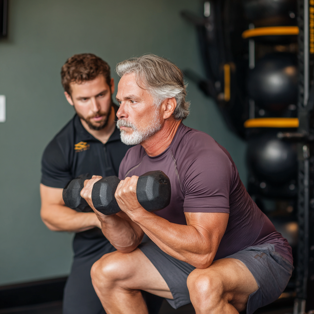 Чоловік 58 років виконує присідання з гантелями під наглядом досвідченого тренера в залі spornadik