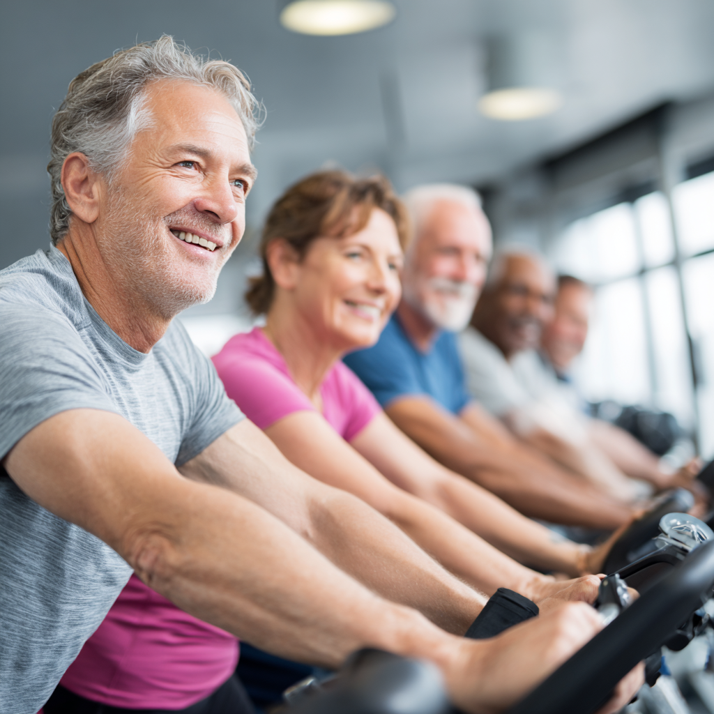 Група дорослих людей 50-60 років займається кардіо-тренуванням на велотренажерах у яскравому залі
